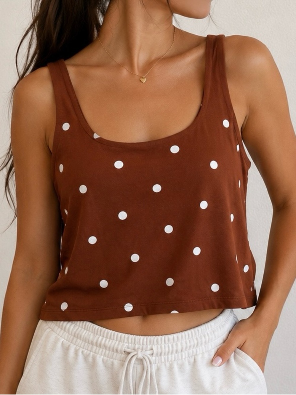 a new day Brown and White Polka Dot Cropped Tank